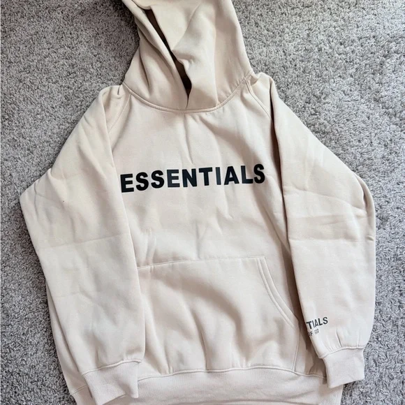 Essentials Men's Cream Hoodie with Black Logo - Picture 2 of 7